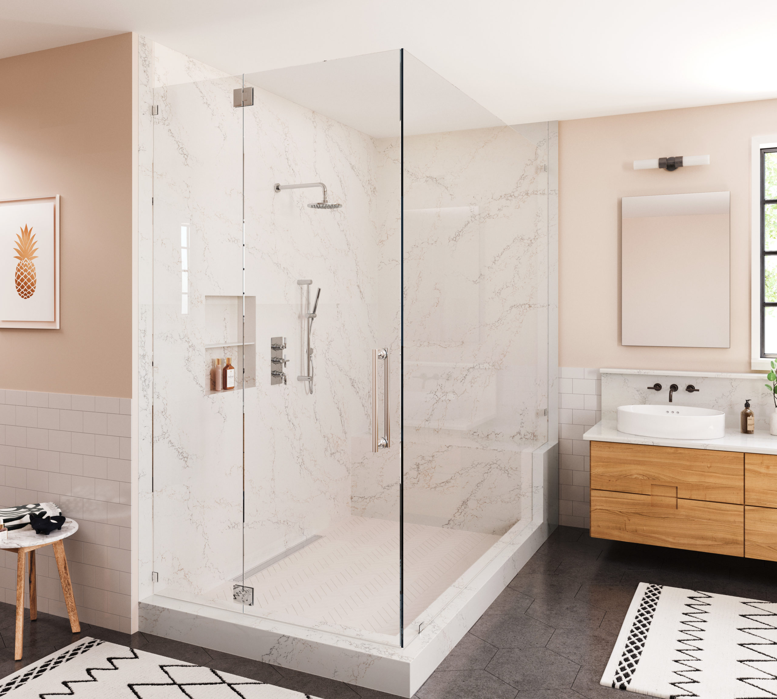 Sample bathroom walls design made of Cambria quartz